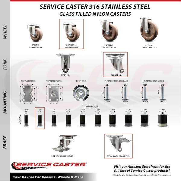 Service Caster 3.5 Inch 316SS High Temp Glass Filled Nylon 7/8 Inch Stem Caster Lock Brake SCC-SS316TTLEX20S3514-GFNSHT-78 - main